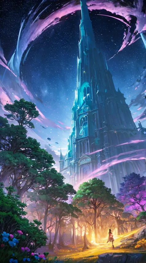 Describe a kingdom with a starry night sky over the kingdom of Eldrion, where the stars twinkle in different colors. Imagine lush, mystical forests, where trees have vibrant colors and emit a soft bioluminescence. Include magical creatures, as dancing fair...