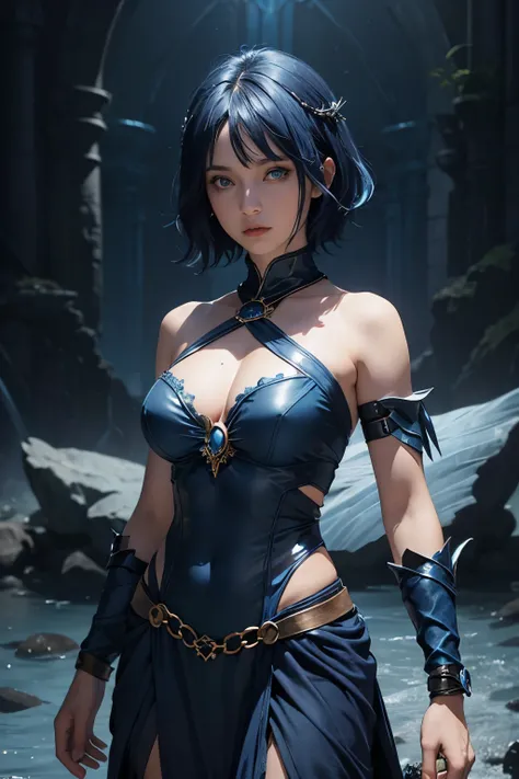 Female ocean sorceress,dark blue and blue hair,short hair,blue eye,dark blue and blue costume,fantasy costume,open shoulder,open waist,armband