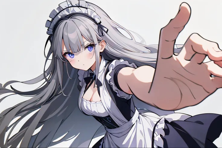 【Highest Quality, masutepiece】 [girl, expressioness, Shiny Cerulean eyes, very long hair,stare at each other,maid clothes,Apron Dresses,frilld,Upper body] (Gray white background:1.5), large full breasts,