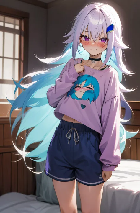 One girl with long messy hair, white hair, blue inner hair, purple eyes, looking at viewer, sleepy, blushing, embarrassed, little smile, wake up from sleep, pinkbt shirt, sport shorts, bedroom, thigh, slim, dizzy, choker, mid-chest, wide hips, perfect wais...