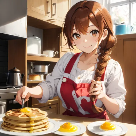 Colorful and cute home kitchen,(Ingredients for making sweets such as flour, eggs, and sugar),((waffles on a plate)),fluffy hair,brown haired,((Braided shorthair)),Slightly red tide,((Brown eyes)),(Ruffled apron),((I have white cream on my face and hands.....