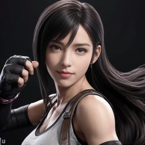 (best quality,ultra-detalhado),(Realistic:1.37),Tifa Lockhart,Rosto bonito e detalhado, Sweet smile expression, textura ultra realista, rosto delicado, corpo delicado, Fit physique