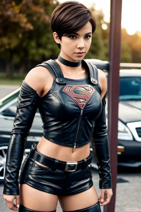 Super Girl with short hair and leather clothing, abs