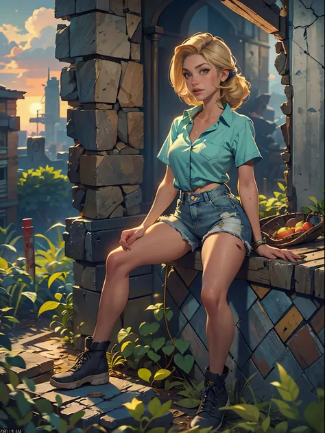 2076 year. The Urban Ruins of the Wasteland, Female huntress picking fruit in the garden, beautiful face, blonde, badly torn shirt and denim shorts ,  long legs, sweating through, sun rising, Nice warm colors, head to toe full body shot