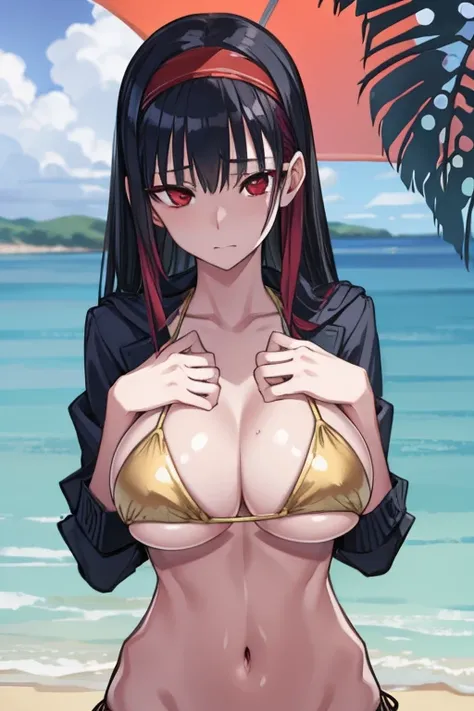 yorbriar, yor briar, black hair, (red eyes:1.5), earrings, gold hairband, hairband, long hair, sidelocks,underboob,pointy breasts
BREAK bikini,
BREAK outdoors, beach,
BREAK looking at viewer, 
BREAK (masterpiece:1.2), best quality, high resolution, unity 8...