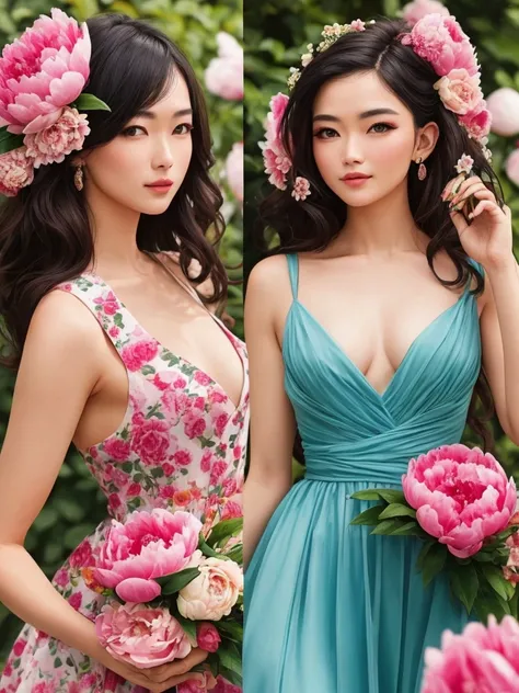 A female model in peony themed dress, perfect facial structures, curvy body