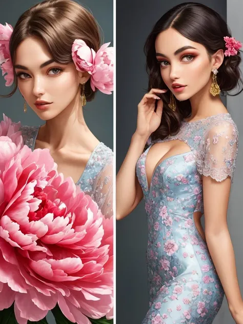 A female model in peony themed dress, perfect facial structures, curvy body