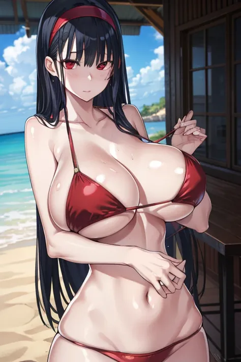 yorbriar, yor briar, black hair, (red eyes:1.5), earrings, gold hairband, hairband, long hair, sidelocks,underboob,pointy breasts,huge breasts,
BREAK bikini,
BREAK outdoors, beach,
BREAK looking at viewer, 
BREAK (masterpiece:1.2), best quality, high resol...