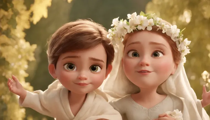 a pixa Disney cartoon  of biblical times "Generate a realistic depiction A Lot of happy 6 year old boys in heaven in a heavenly garden filled with beautiful tress and flowers dressed like the bible times having white robe around their west. com flores colo...