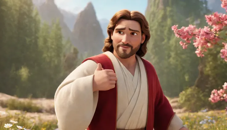 a pixa Disney cartoon  of biblical times "Generate a realistic depiction A Lot of happy 6 year old boys in heaven in a heavenly garden filled with beautiful tress and flowers dressed like the bible times having white robe around their west. com flores colo...