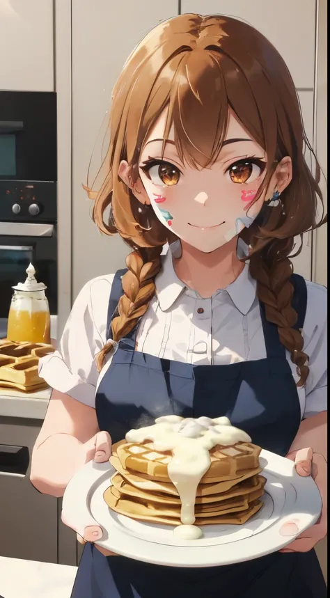 Colorful and cute home kitchen,(Ingredients for making sweets such as flour, eggs, and sugar),((waffles on a plate)),fluffy hair,brown haired,((Braiding,Braids,Odango Hair)),Slightly red tide,((Brown eyes)),(Ruffled apron),((I have white cream on my face a...