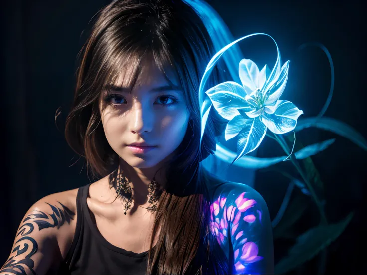 (​masterpiece), (((black light art))), realistic, a girl is sitting, fractal art, flower tattoo on arm