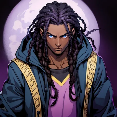 A boy, 19 years old, intimidating, handsome, dark skin and dark dread locks, blue eyes, wears a black jacket, looks at viewer. Background is a dark and purple.