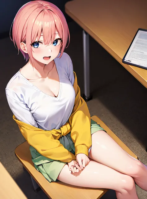 Pov(from above),1girl, alone, Ichika Nakano, short hair, salmon pink hair, blue eyes, smiling, open mouth, embarrassed, seductive, right hand behind neck, white shirt, cleavage, green skirt, yellow sweater, sweater tied around the waist, sitting at a desk ...