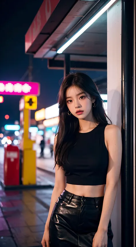 There is a woman standing in front of a neon light, The picture is inspired by Ni Yuanlu, Trend of CGsociety, trending art, Roseanne Park by blackpink, Popular topics on cgstation, gas station trends, josie from blackpink, Keda, Black Pink Josie&#39;portra...