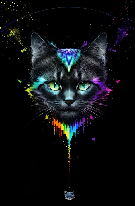 high high quality， The beautiful，tmasterpiece，0mib style，T-shirt design,black cat images，Colorful，prism fragment，Graffiti line，Reflected fractal circle，ink spatter，Melted brushstrokes，particles vortex，dramatic lights，