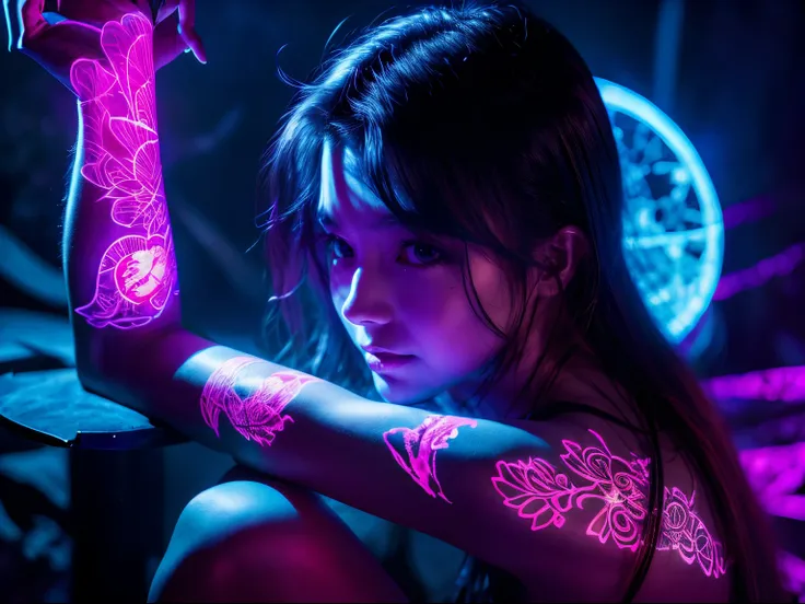 (​masterpiece), (((black light art))), realistic, a girl is sitting, fractal art, black light tattoo of flowers on arm