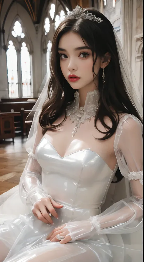 extremely detailed photograph of a skinny mysterious ((20 year old brunette girl)) getting married wearing a ((transparent latex)) ((puffy sleeve)) wedding dress and stockings, extremely detailed beautiful face, played by ((young)) [Miranda Kerr|Gigi Hadid...