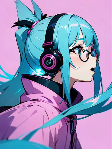 1beautiful girl、From Side、Turn your face to the side、The upper part of the body、profile、Smile with open mouth、(headphones)、Pop、Anime style、she is looking up diagonally、blue hairs、eye glasses、poneyTail、parka、simple background、Bright pink background、