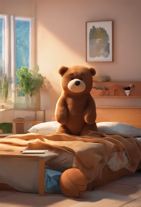 A brown bear sleeps on a bed with a window, pillow, half grizzly bear, bears, with a teddy bear, brown bear, portrait photos, Grizzly, hugging a doll, Angry Bear, in door : Adam Marczyński, bear legs, Stock Photo, staring, looking at camera, half bear, clo...