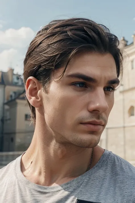 masculine,jawline,mewing,european,sharp nose,muscular,upper neck,looking at sky, solid background, mid length hair,hunter eyes, t shirt