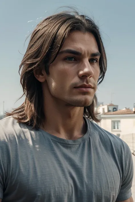 masculine,jawline,mewing,european,sharp nose,muscular,upper neck,looking at sky, solid background, mid length hair,hunter eyes, t shirt