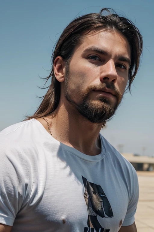 masculine,jawline,mewing,american,sharp nose,muscular,upper neck,looking at sky, solid background, mid length hair,hunter eyes, t shirt,full beard