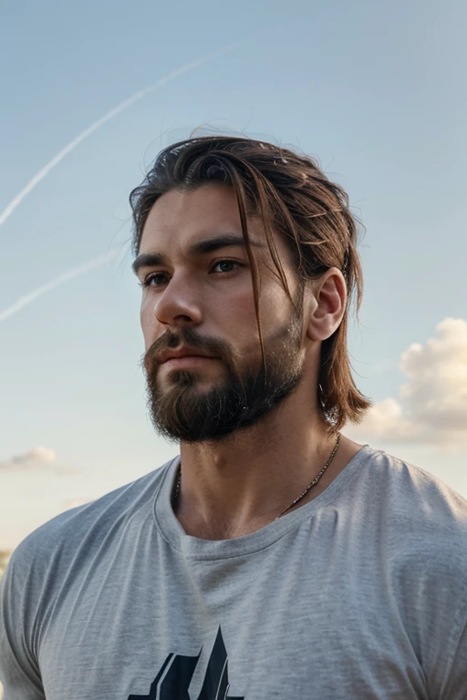 masculine,jawline,mewing,american,sharp nose,muscular,upper neck,looking at sky, solid background, mid length hair,hunter eyes, t shirt,full beard