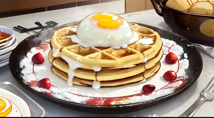 Colorful and cute home kitchen,(Ingredients for making sweets such as flour, eggs, and sugar),((waffles on a plate)),((fried egg on top of the waffle)),fluffy hair,brown haired,((Braiding,Braids,Odango Hair)),Slightly red tide,((Brown eyes)),(Ruffled apron...