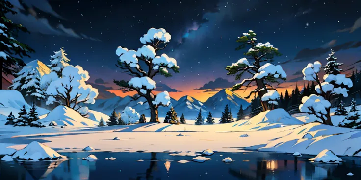 winter landscape painting, pine trees, snow storm, Its snowing, ice lake, Evening Light, dark sky.