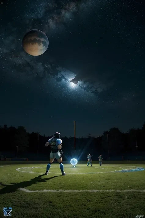 Ultra realistic image of an out-of-this-world intergalactic game, where athletic players share the field with interesting creatures, amid planets with several moons suspended in the starry sky. The playing field is an extremely specific landscape, with spe...