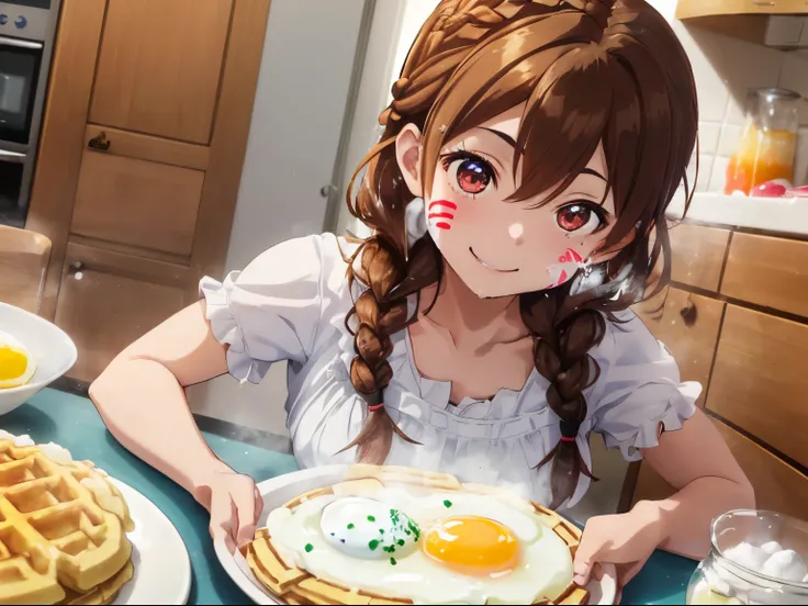 Colorful and cute home kitchen,(Ingredients for making sweets such as flour, eggs, and sugar),((waffles on a plate)),((fried egg on top of the waffle)),fluffy hair,brown haired,((Braiding,Braids,Odango Hair)),Slightly red tide,((Brown eyes)),(Ruffled apron...