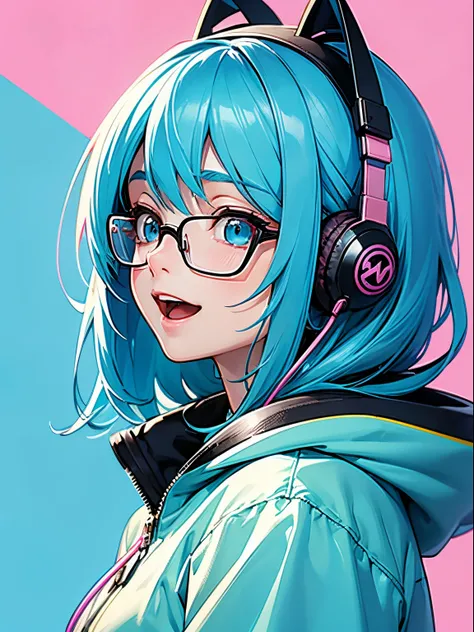 1beautiful girl、From Side、Turn your face to the side、The upper part of the body、profile、Smile with open mouth、(headphones)、Pop、Anime style、she is looking up diagonally、blue hairs、eye glasses、poneyTail、parka、simple background、Bright pink background、