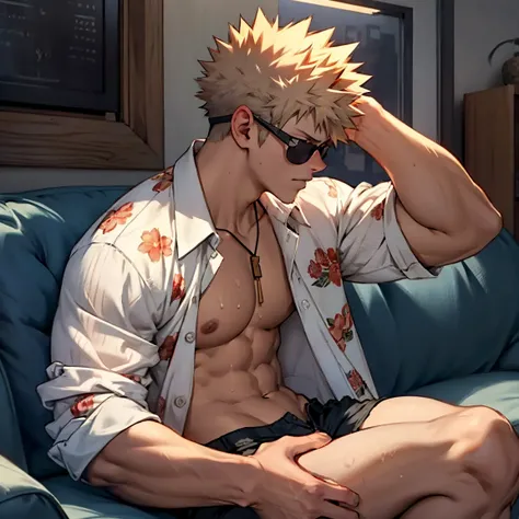 Bakugou Katsuki drinking milkshake in the living room with open shirt and floral shorts, bare chested sweating heavily. There are sunglasses on the head. Side view.