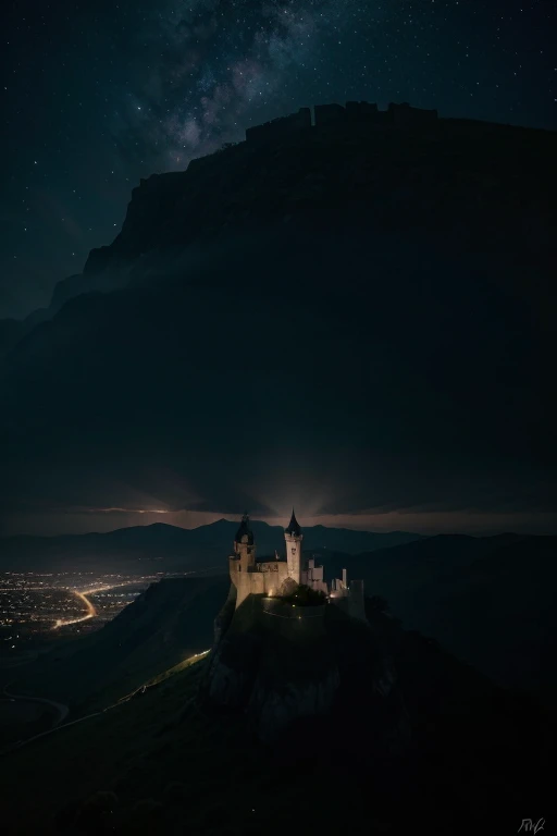 "Imagem impressionante de um castelo imponente, set in a majestic setting where dragons circle the night skies. As luas, grandes e luminosas, cast an ethereal light over the landscape, destacando as torres e as muralhas do castelo. The shadows create a dra...