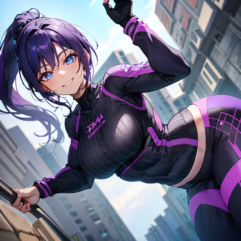 A woman, perfect body, tabby body, black and purple hair,blue eyes, ponytail style hair,smiling, compression shirt