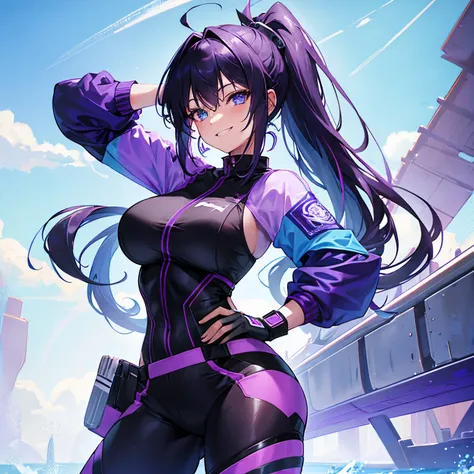 A woman, perfect body, tabby body, black and purple hair,blue eyes, ponytail style hair,smiling, compressed shirt,