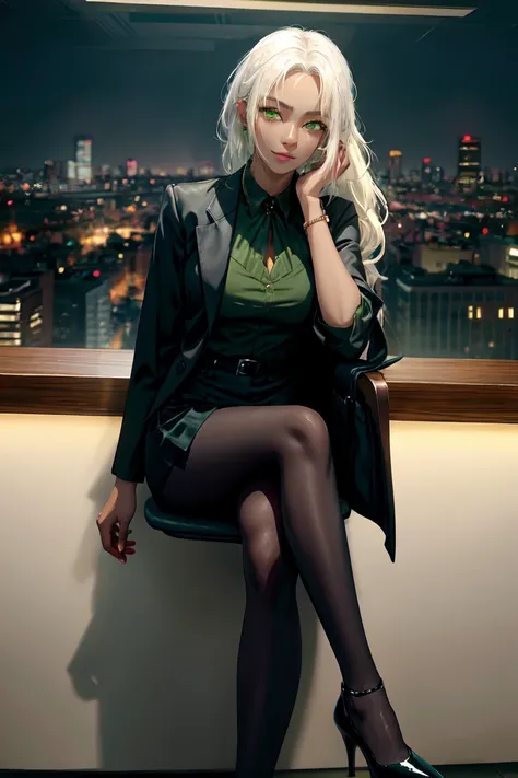 Woman wearing business outfit, formal blazer, green blouse, heels, black high waist business skirt, black sheer leggings, beautiful, masterpiece, best quality, extremely detailed face, perfect lighting, nice hands, perfect hands, (white hair:1.2), long hai...