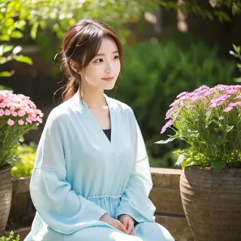 The main character is a beautiful woman。wide々and being in nature、sitting quietly。Bright sunlight shines down、The wind is blowing comfortably。The main character is enjoying his time with a calm expression。In the background, plants and flowers bloom abundant...