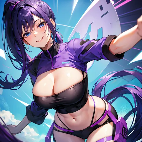 A woman, perfect body, tabby body, black and purple hair,blue eyes, ponytail style hair,smiling, compressed shirt,Tongue out