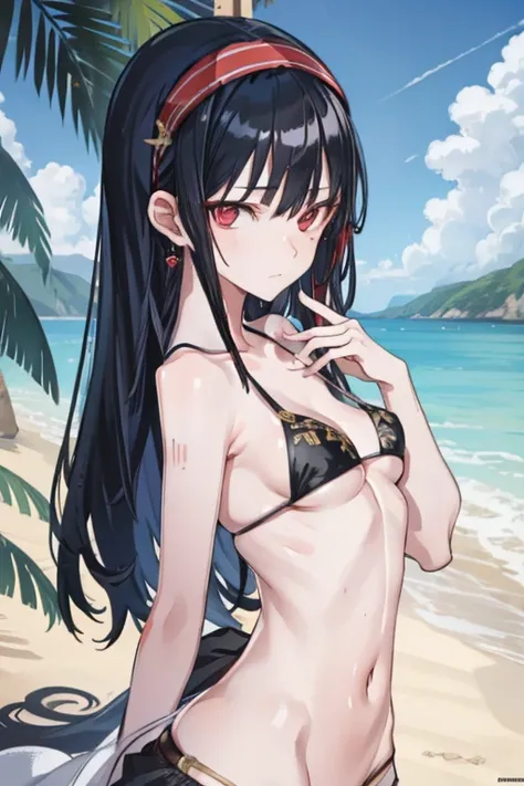 yorbriar, yor briar, black hair, (red eyes:1.5), earrings, gold hairband, hairband, long hair, sidelocks,underboob,pointy breasts,small breasts,
BREAK bikini,
BREAK outdoors, beach,
BREAK looking at viewer, 
BREAK (masterpiece:1.2), best quality, high reso...