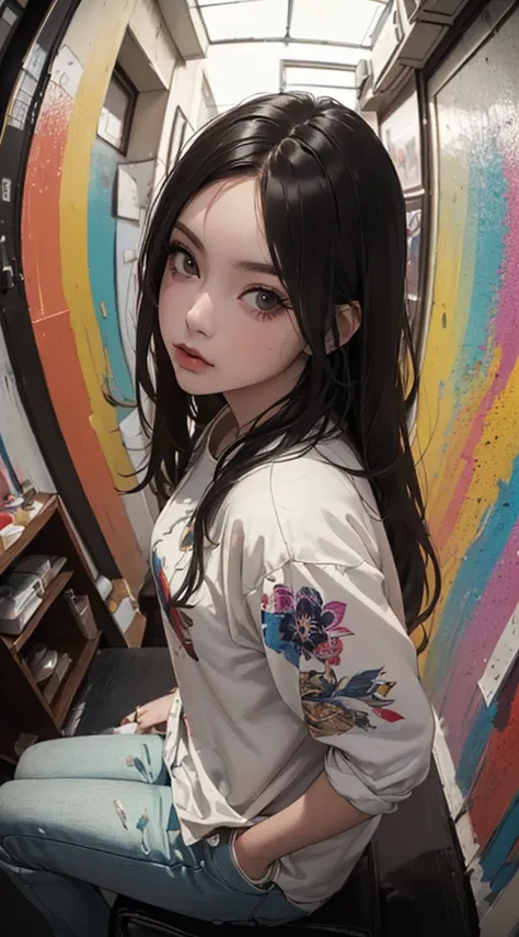 ((8k wallpaper of extremely detailed CG unit, ​masterpiece, hight resolution, top-quality, masutepiece)), ((a very beautiful woman, Grunge Fashion:1.2, I have my hands in my pockets:1.5, sitting on:1.4)), ((Top quality real texture skins, extra detailed fa...