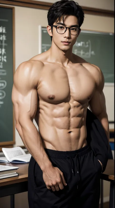 Japanese male model, wearing glasses, nerd, dark hair, dark skin, handsome, big muscles, nude, sexy, seductive, classroom,