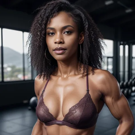 (editorial photograph of an 46 year old Melanesian woman), (slim top, cotton panties, MMA gloves), (straight non curly hair), (highly detailed face:1.4), (muscles:1.2), (MMA pose:1.2), (background inside light, bright, private gym:1.1), (8k, uhd, dslr, hig...