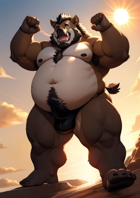 Correct body proportions，Black genitalia，Black glands，male people，boar，chubbiness，Fat minora，Shirtless，victory pose，The erection，Black genitalia，Black glands，Black balls，beer belly， male people， Detailed pubic hair， A high resolution，and the sun was shinin...