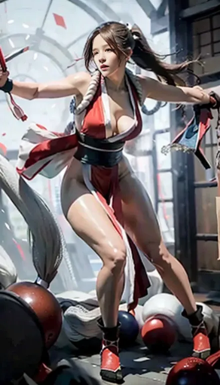 mai shiranui, Brown eyes, (Full body portrait:1.4),  (Standing), Full body, Prestige, Long hair, Brown hair, White ribbon, Sleeveless, poneyTail, sash, pelvis curtain, arm guards, mitts, (tabi:1.5), fascinated expression, Sexy eyes, medium breasts, Smile, ...