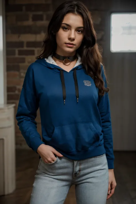 (best quality, highres, ultra-detailed), german brunette emo girl with curly hair, Black crop hoodie,blue super skinny jeans, sexy pose, collar