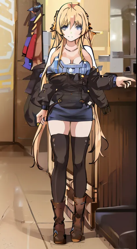 Anime girl wearing short skirt and boots standing in room, From the maiden front, finely detailled. Girl Front, Girly frontline style, azur lane style, From《Azur route》videogame, anya from spy x family, Blonde long hair anime girl, Shoujo Frontline CG, Kit...