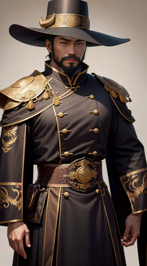 Emperor of China, Black hat, Bearded, About 30 years old, relatively large face, Brown silk plain simple official uniform, Light colored dragon texture with openwork embroidery on clothes,, character photography, fully body photo,Solid color simple backgro...