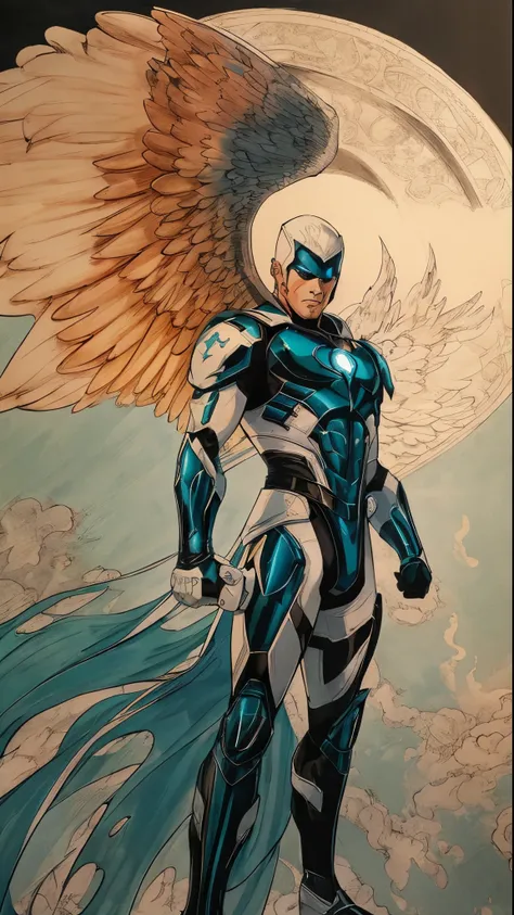 An image of one Masculine White Guardian Angel, white eyes, looking straight at camera, midshot, full body, cel-shading style, centered image, ultra detailed illustration of comics posing, broodish, (tetradic colors), inkpunk, ink lines, strong outlines, b...